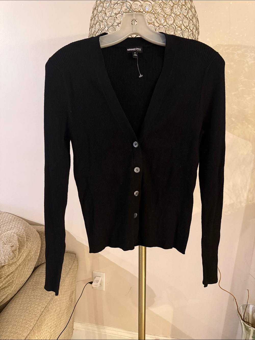 Minnie Rose Black Ribbed V-Neck Button-Up Cardigan S NWT $295